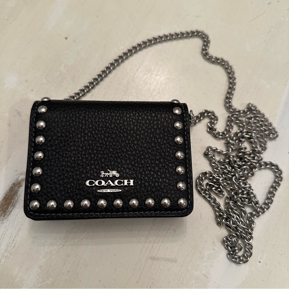 Coach Black Leather Mini Wallet on a Chain with Silver Studs